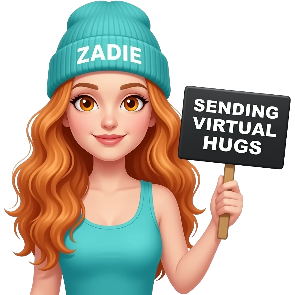 sexy girl with overlong wavy ginger hair and ginger eyes wearing a turquoise tanktop and a turquoise beanie with ZADIE written on it, is holding a black sign with SENDING VIRTUAL HUGS written on it emoji