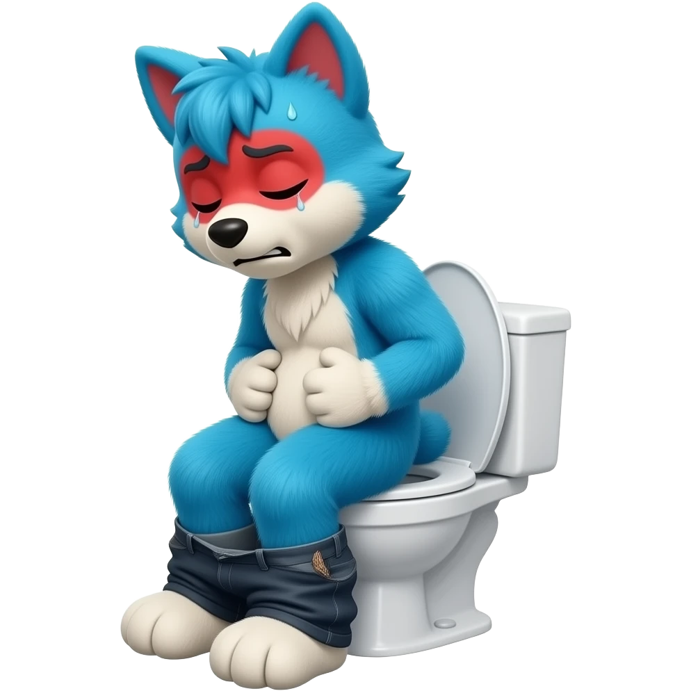 blue fursuit sitting on toilet, side view , pants down, pushing, eyes closed, straining face, red face, sweating, hands on stomach emoji