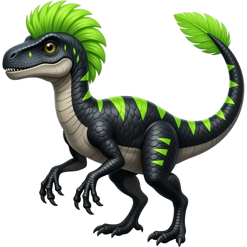 Cool edgy ancient black-scaled with neon-green triangular stripe markings digitigrade vintage futuristic raptorik fantasy-Cyberpunk-Steampunk-Solarpunk-Genesect-Salamence-Tyranitar-Vernid-Fionbri-Fakémon-animal-hybrid, with neon-green feather-Mohawk, and a tail spade, with back spikes, full body emoji