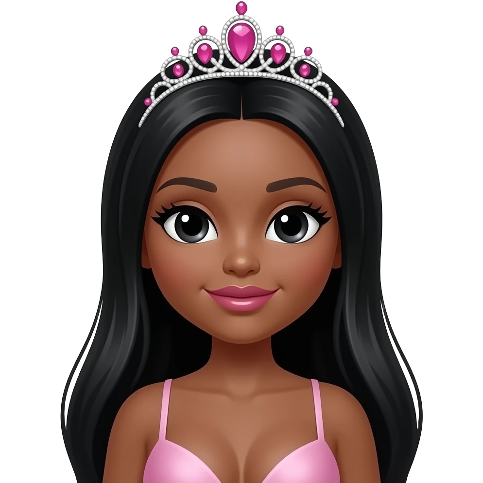 big lips, pink tiara, doll eyes, Doll, big chest, dark brown skin, with middle part long black hair, black cute eyes, with cute lip, without no bra emoji
