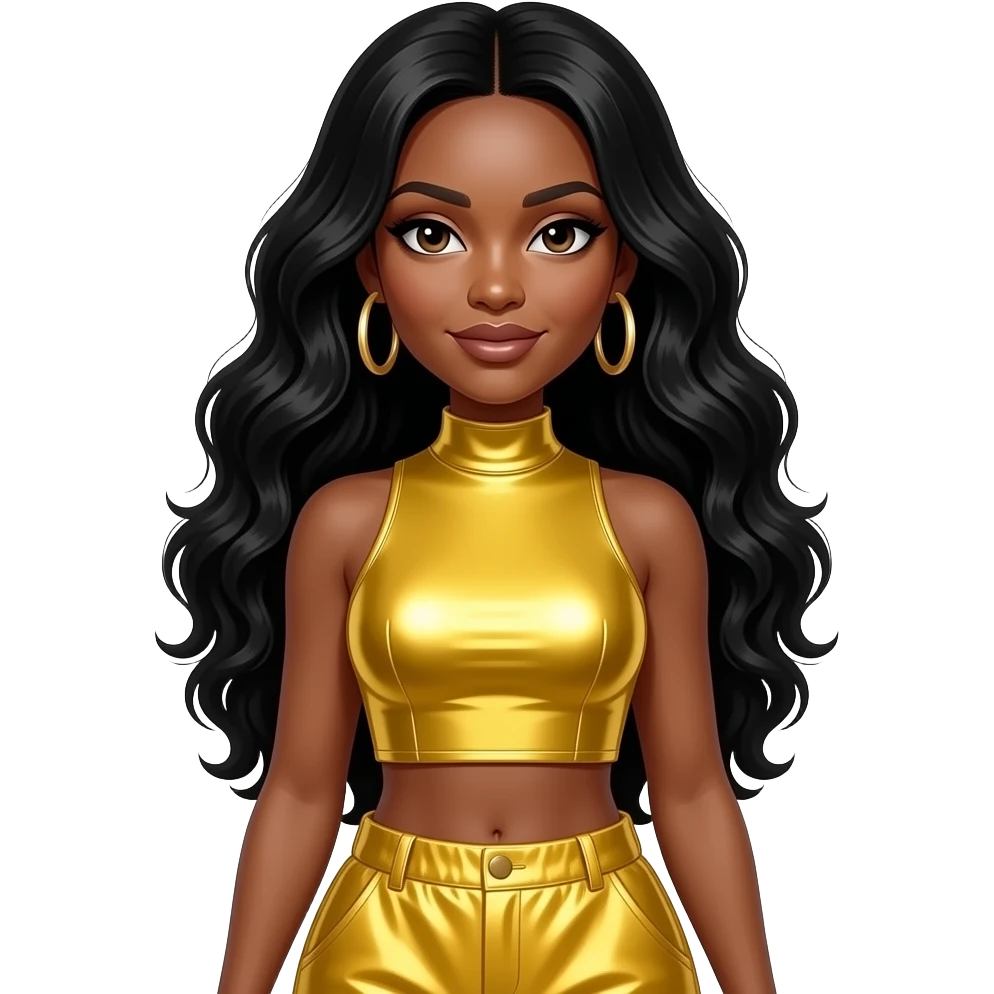 Rozonda Chilli Thomas from TLC with brown eyes, long black wavy hair, yellow metallic high neck crop top, yellow metallic baggy pants, earrings emoji