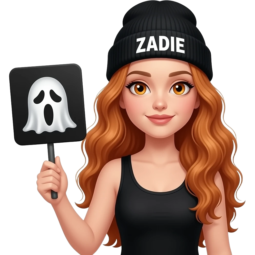 sexy girl with overlong wavy ginger hair and ginger eyes wearing a black tanktop and a black beanie with ZADIE written on it, is holding a black sign with 👻 on it emoji