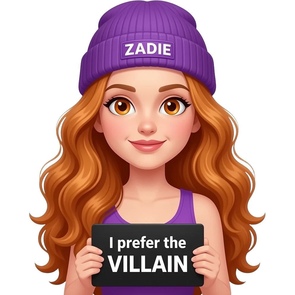 sexy girl with overlong wavy ginger hair and ginger eyes wearing a purple tanktop and a purple beanie with ZADIE written on it, is holding a black sign with I prefer the VILLAIN written on it emoji