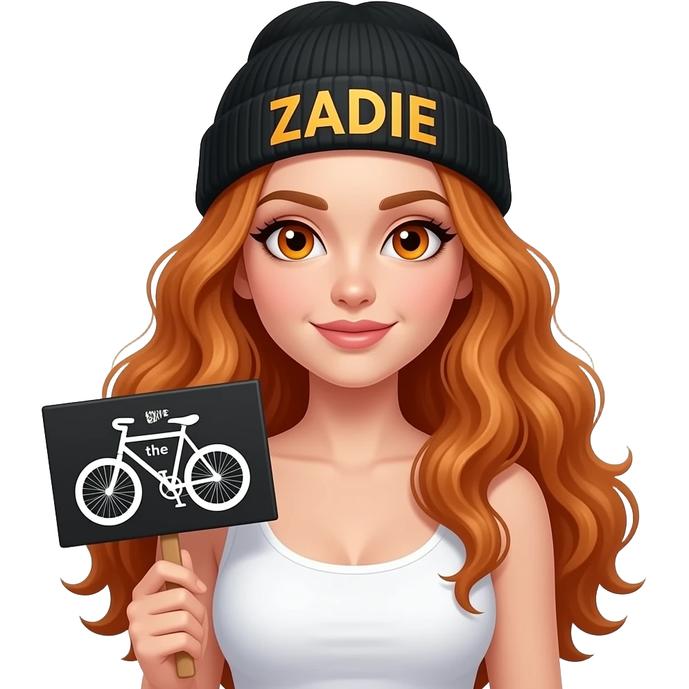 sexy girl with overlong wavy ginger hair and ginger eyes wearing a white tanktop and a black beanie with ZADIE written on it, is holding a black sign with LOVE the BIKE written on it emoji