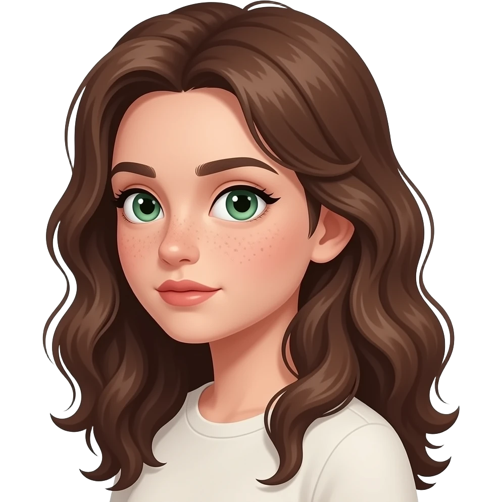 Brown wavy long hair green eyes cute face with freckles pretty girl side view doing side eye suspicious emoji