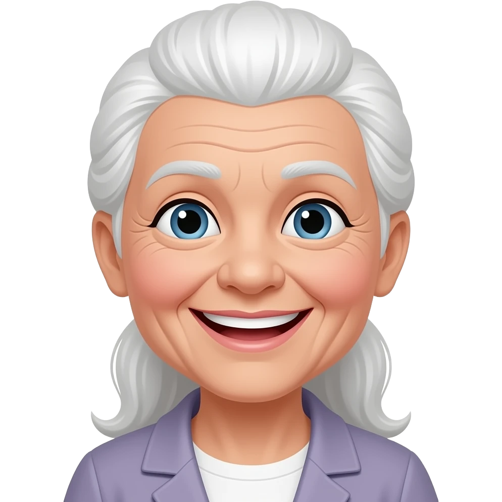 "An old lady with her long white hair gathered into a ponytail is beaming with a bright smile. emoji