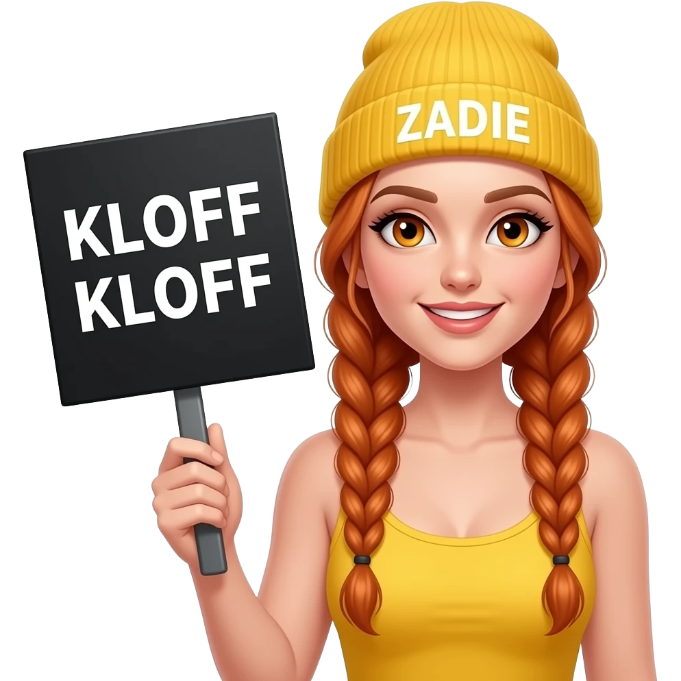sexy girl with overlong ginger braids and ginger eyes wearing a yellow tanktop and a yellow beanie with ZADIE written on it, is holding a black sign with KLOPF KLOPF written on it emoji