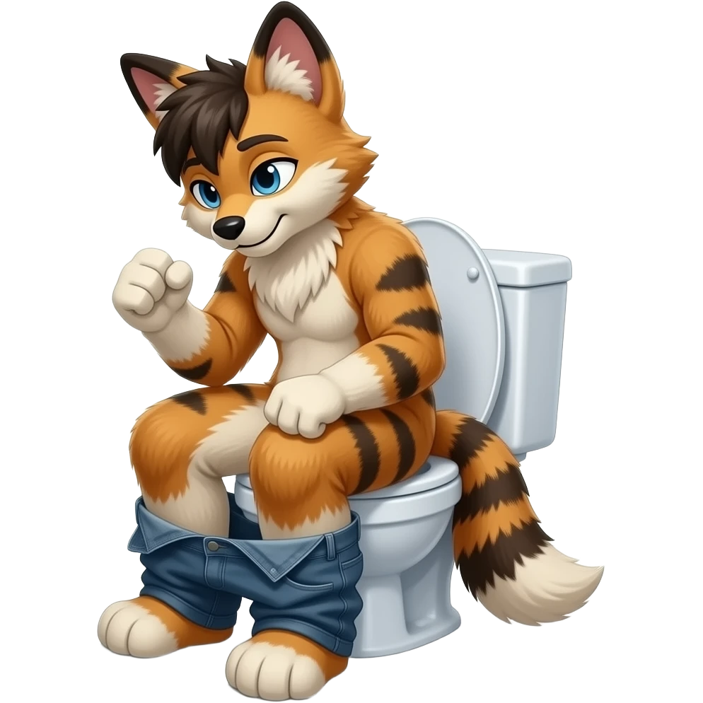 fursuit sitting on toilet, pants down, side view , both fists , uncomfortable,  close up emoji