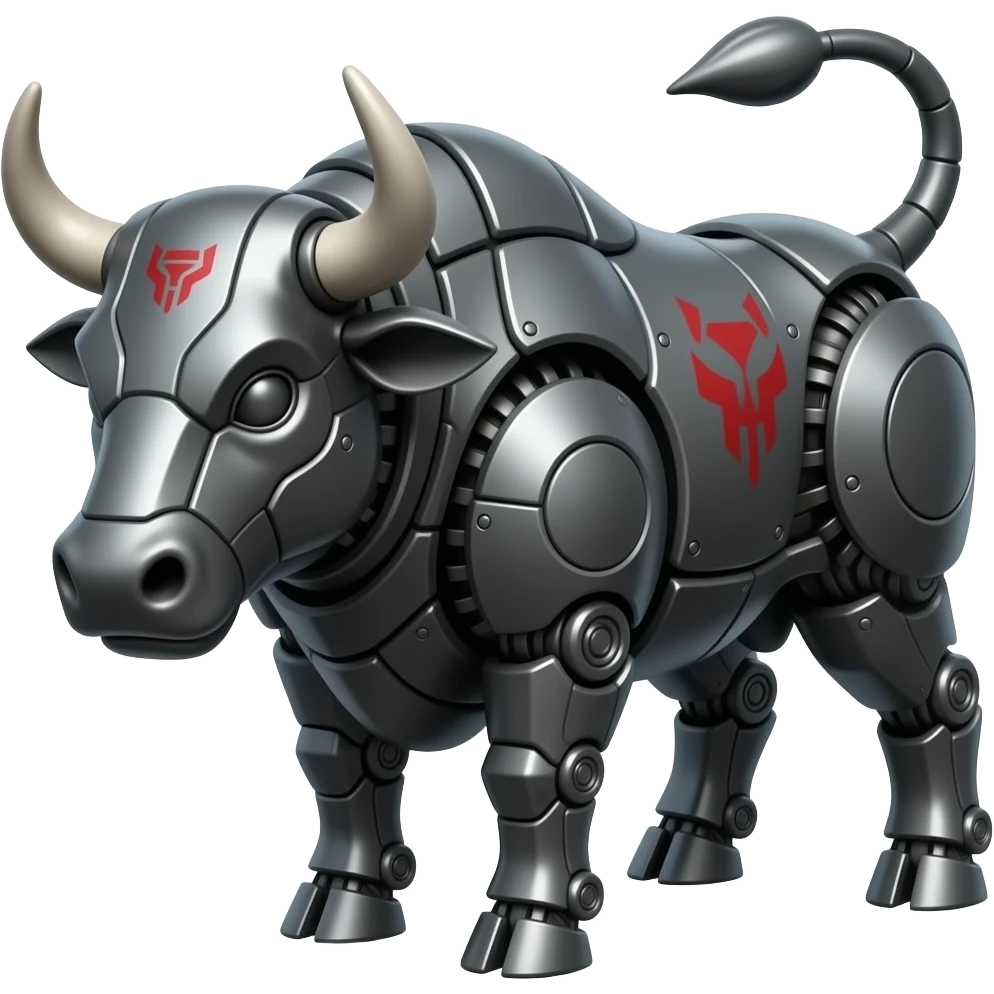 Mechanical Transformer Bull made of dark grey metal with black and red markings. emoji
