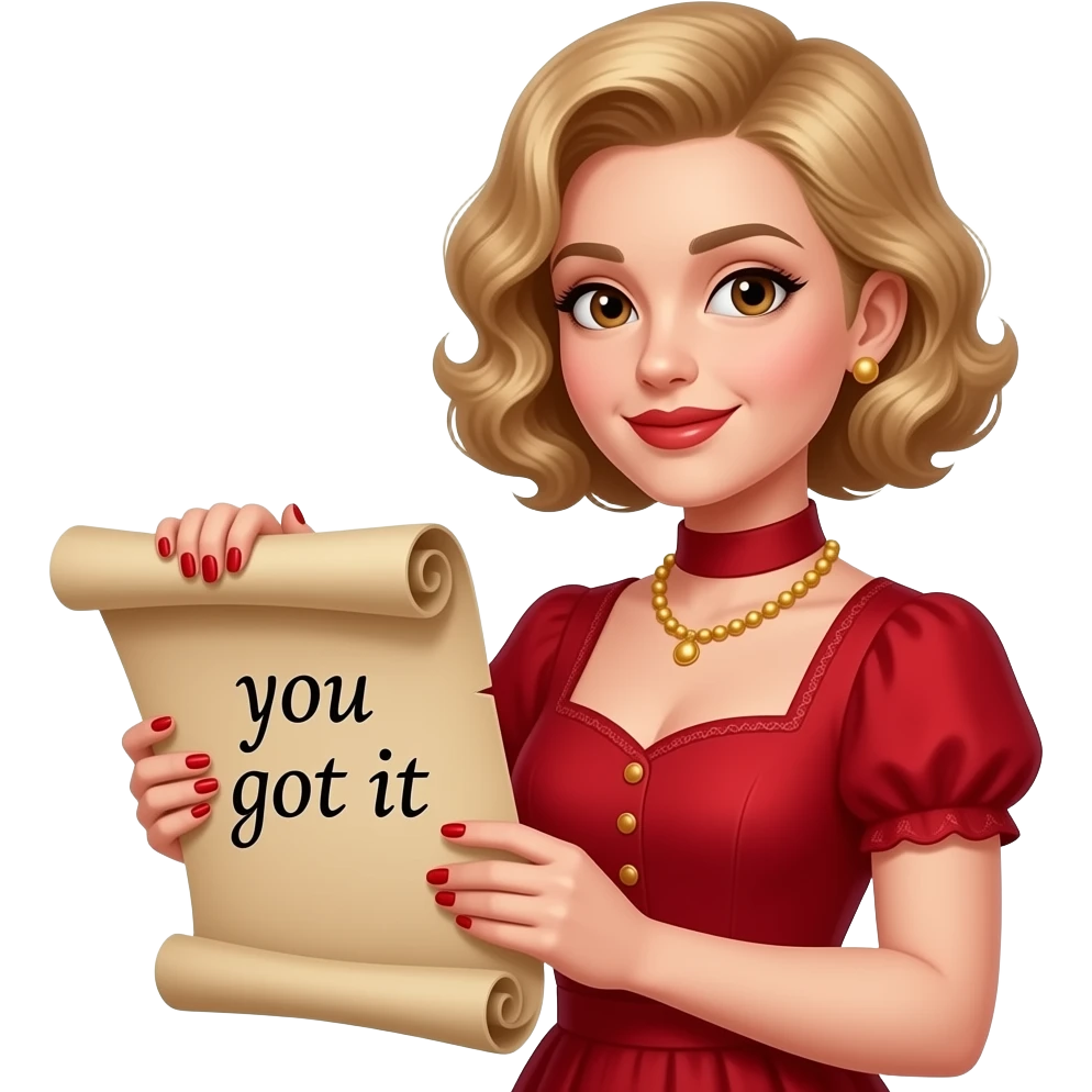 Short curly blond hair side swept Holding an open scroll saying you got it with red nail polish, brown lipstick and red vintage dress emoji