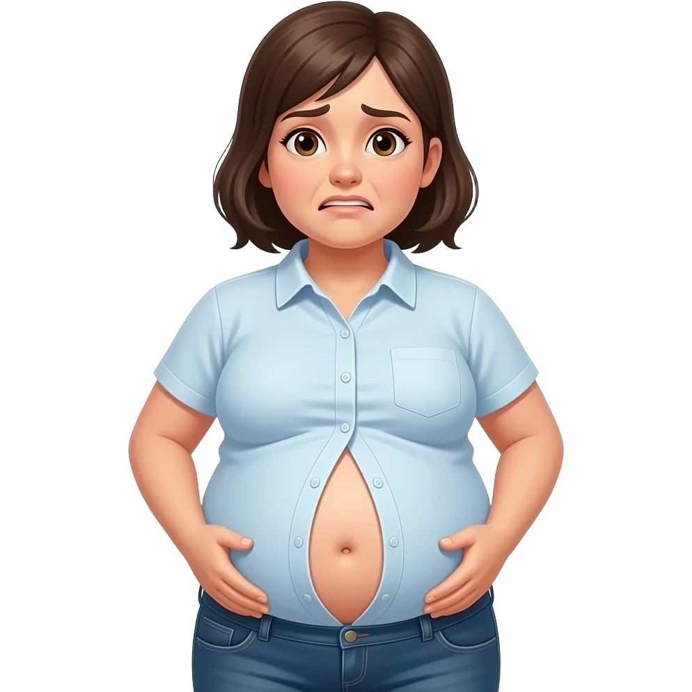 a girl with a huge stomach that is full to bursting,so bloated that she gets a tummyache,her bellybutton is poking out and her shrunk tight shirt buttonholes are at breaking point. emoji