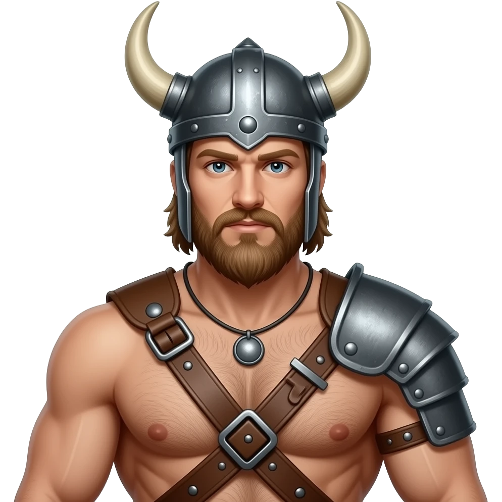 Vikinger mit nackten maskulinen behaarten Oberkörper und starker Brust, mit Leder Riemen und Schulterpanzer. Er trägt ein Helm mit Hörnern emoji