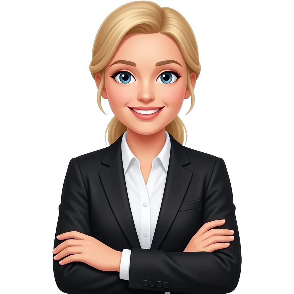 A medium shot of a young, blonde woman in a black suit jacket and white shirt, with her arms crossed and a bright smile, is centered against a plain white background. Her hair is pulled back neatly, and her makeup is subtle. emoji