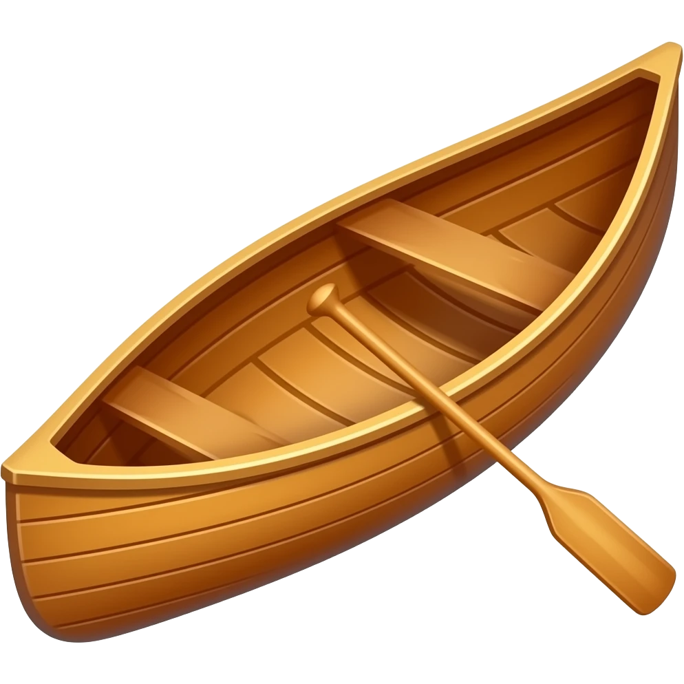 A single beautiful wooden canoe in adorable Pixar 3D animation style, smooth polished wood texture with warm tones, classic canoe shape with elegant curves, one wooden paddle resting inside emoji