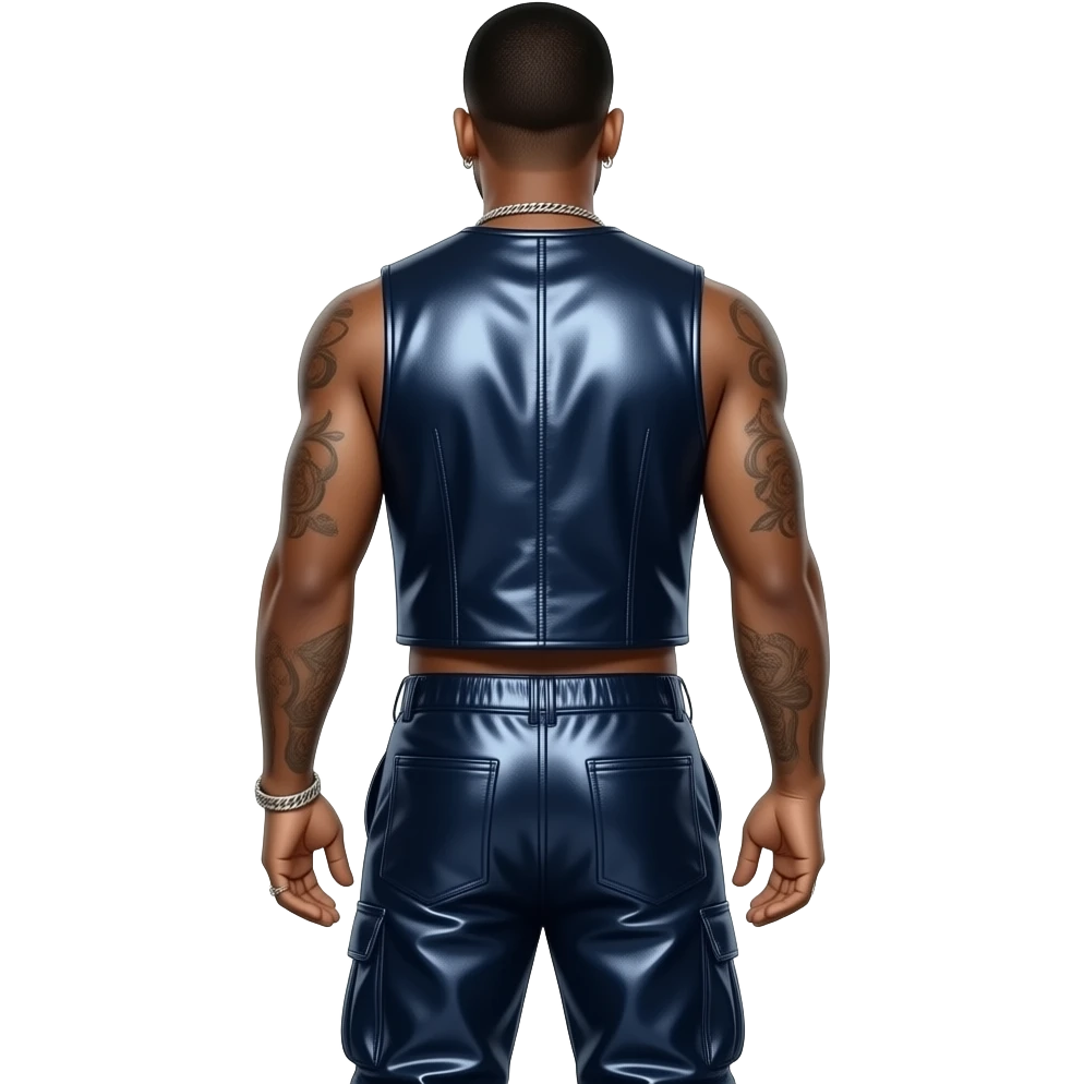 R. Kelly from behind with dark indigo metallic vest, dark indigo metallic saggy pants, shirtless with necklace and earrings emoji