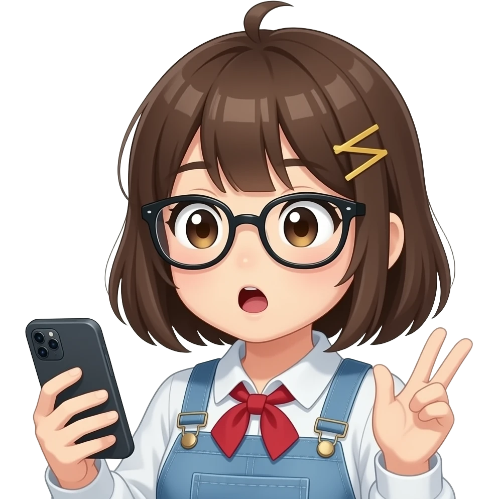 An anthropomorphic peanut that looks like a peanut, wearing glasses, anime style girl hairstyle and clothes, holding a phone and looking at it in shock emoji