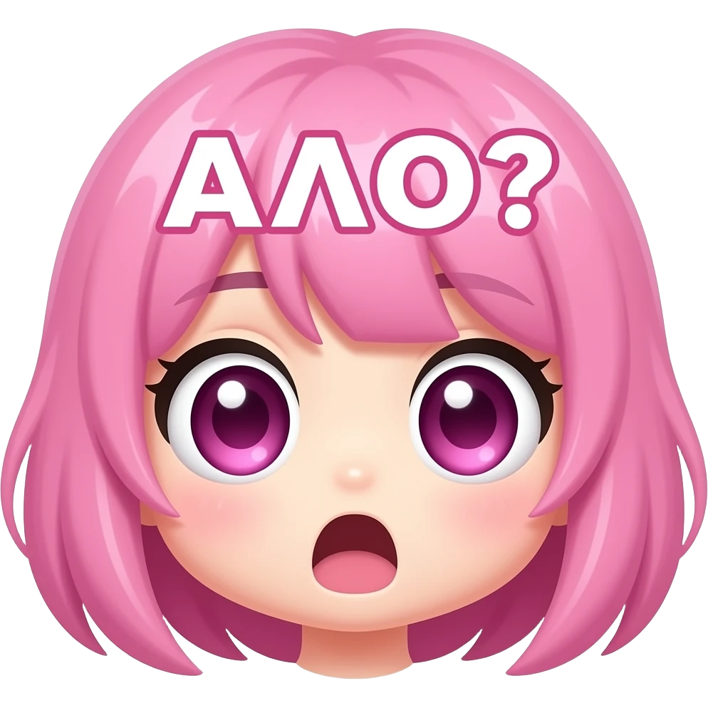 cute twitch emote, pastel pink style, huge expressive eyes, shocked anime face, bold bulgarian text “АЛО?”, glossy highlights, kawaii gamer aesthetic, thick outline, transparent background, ultra readable at small size emoji
