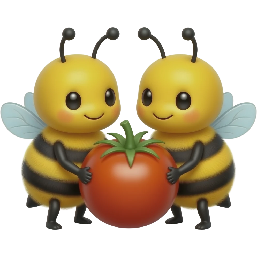 two cute bumblebees holding a cherry tomato together emoji