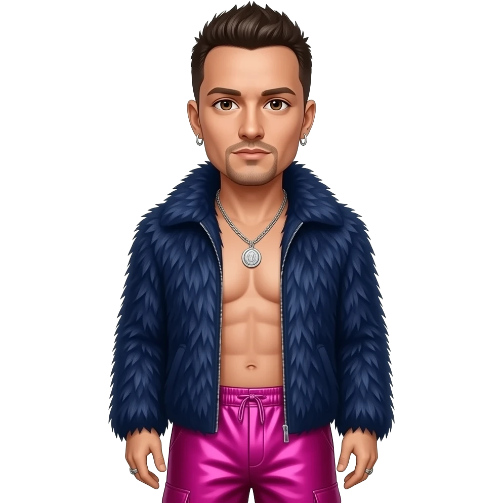 Chester Bennington with brown eyes, dark brown hair, navy blue fur shawl, hot pink metallic baggy loose pants, shirtless with necklace and earrings emoji