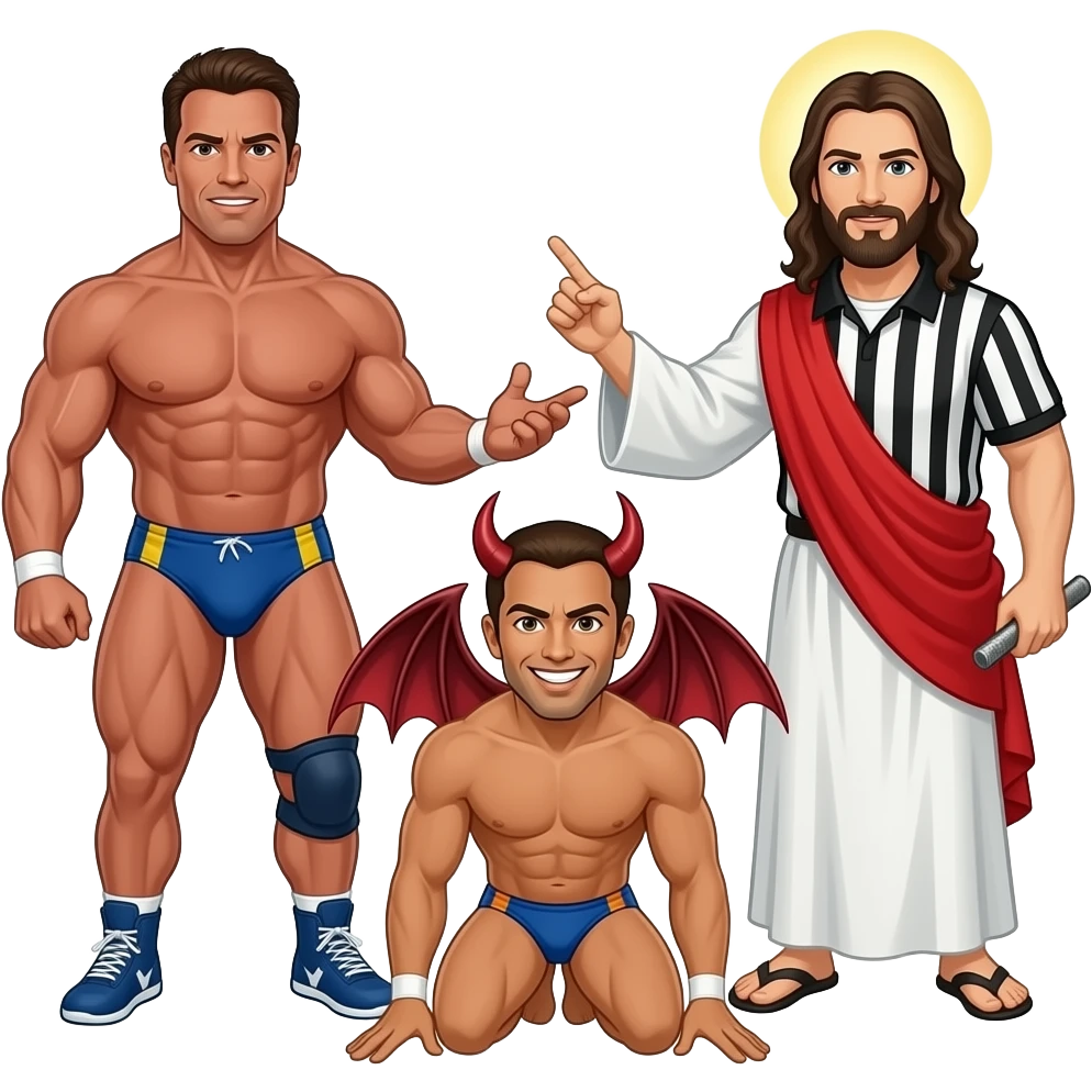 Arnold Schwarzenegger in a speedo wrestling Satan in a speedo with Jesus as a referee emoji