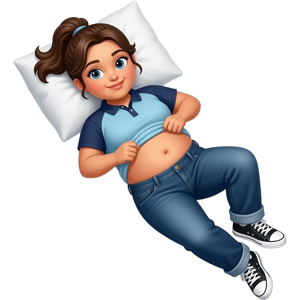 Obese Hispanic girl with brown ponytail and blue eyes light blue and dark blue polo and dark blue baggy jeans and white and black sneakers and belly button laying down on her pillow on her bed lifting her shirt to show her belly emoji