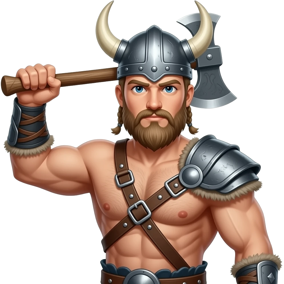 Nahaufnahme von einem Vikinger mit nackten muskulösem körper und einer behaarten und kräftigen männlichen Brust, mit Leder Riemen und Schulterpanzer. Er schwinkt eine Axt mit seiner rechten Hand und trägt ein Helm mit Hörnern und Bart emoji