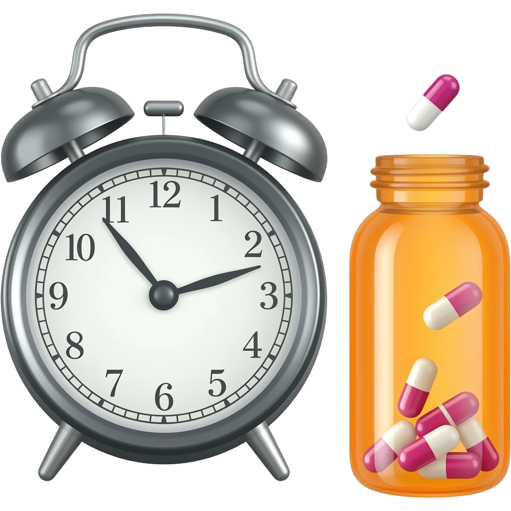 A alarm closk and a nearby orange clear bottle of pills with the white cap off emoji