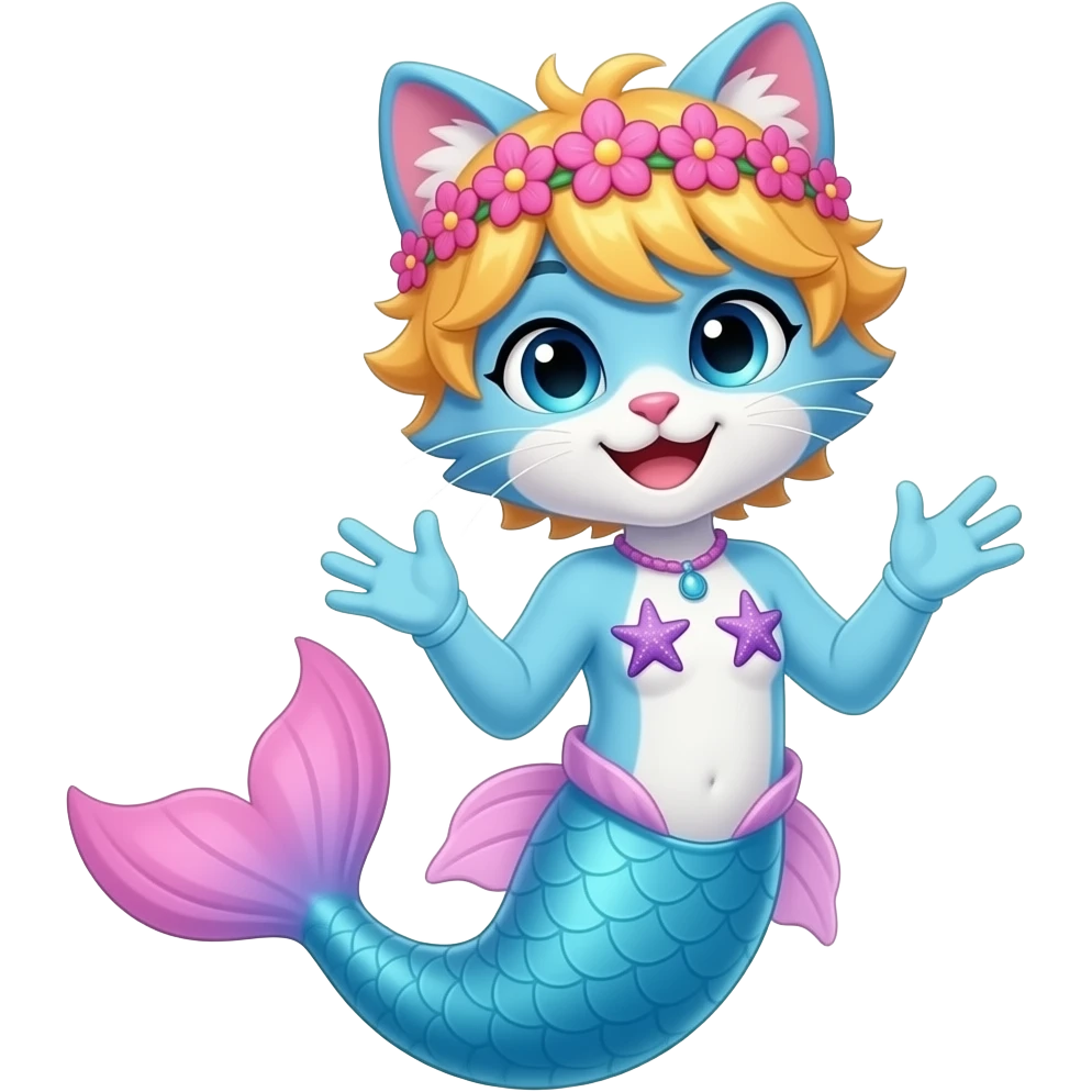 femboy blue furry  cat  happy light blue  mermaid tail with pink fins and long light blue gloves light blue long sleeve swimsuit  with two purple starfish on his chest  pink flower with yellow hair emoji