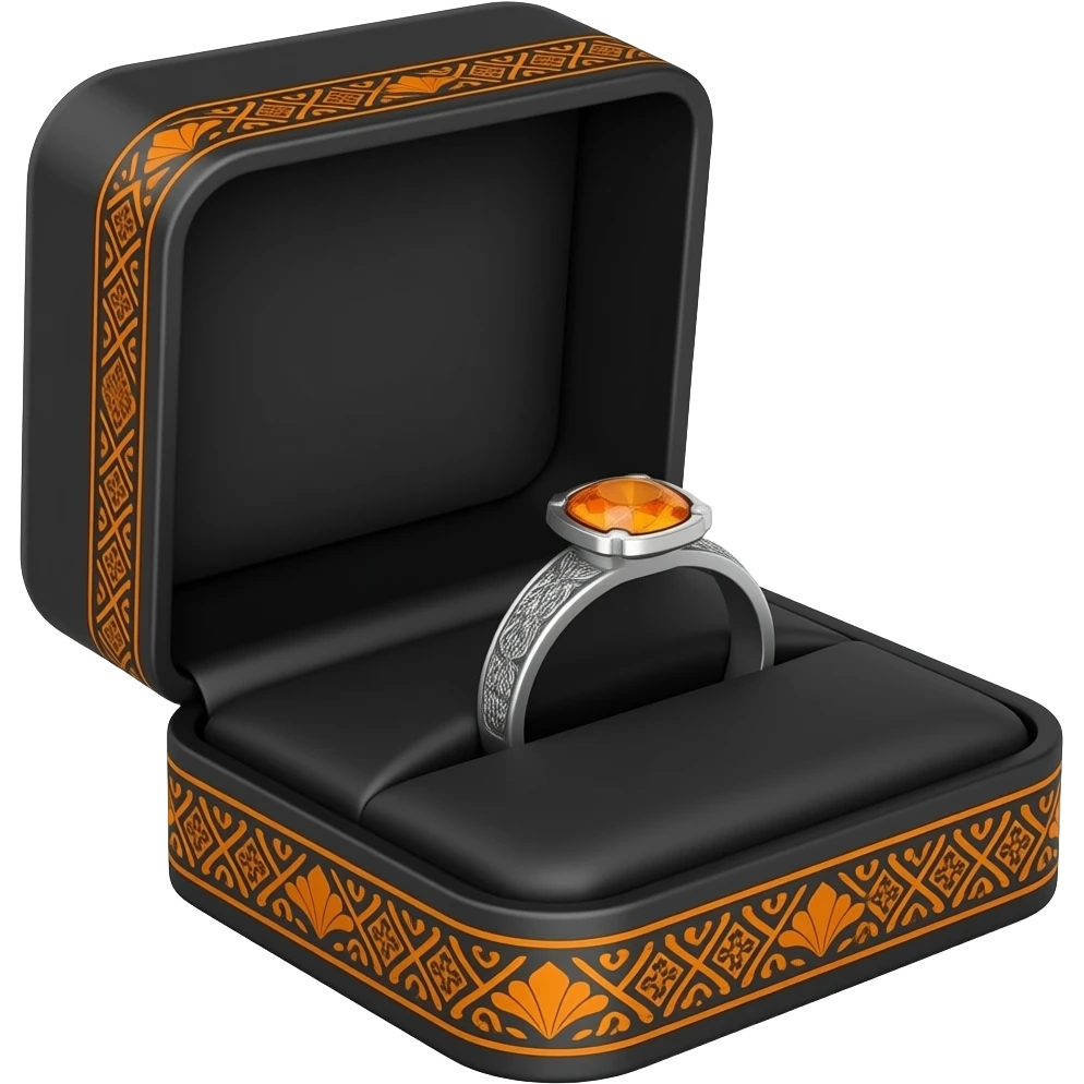 orange Topaz ring in a black box with ornage ornate trim emoji