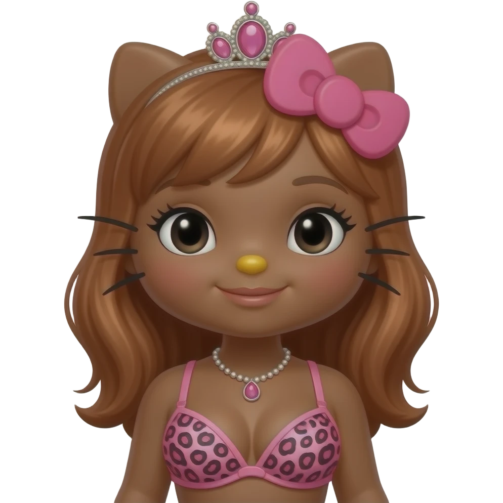 Big breast, Dark brown skin hello kitty girl, Doll shaped face, doll eyes, pink tiara, copper hair, “Princess”  necklace, with pink leopard print bra emoji