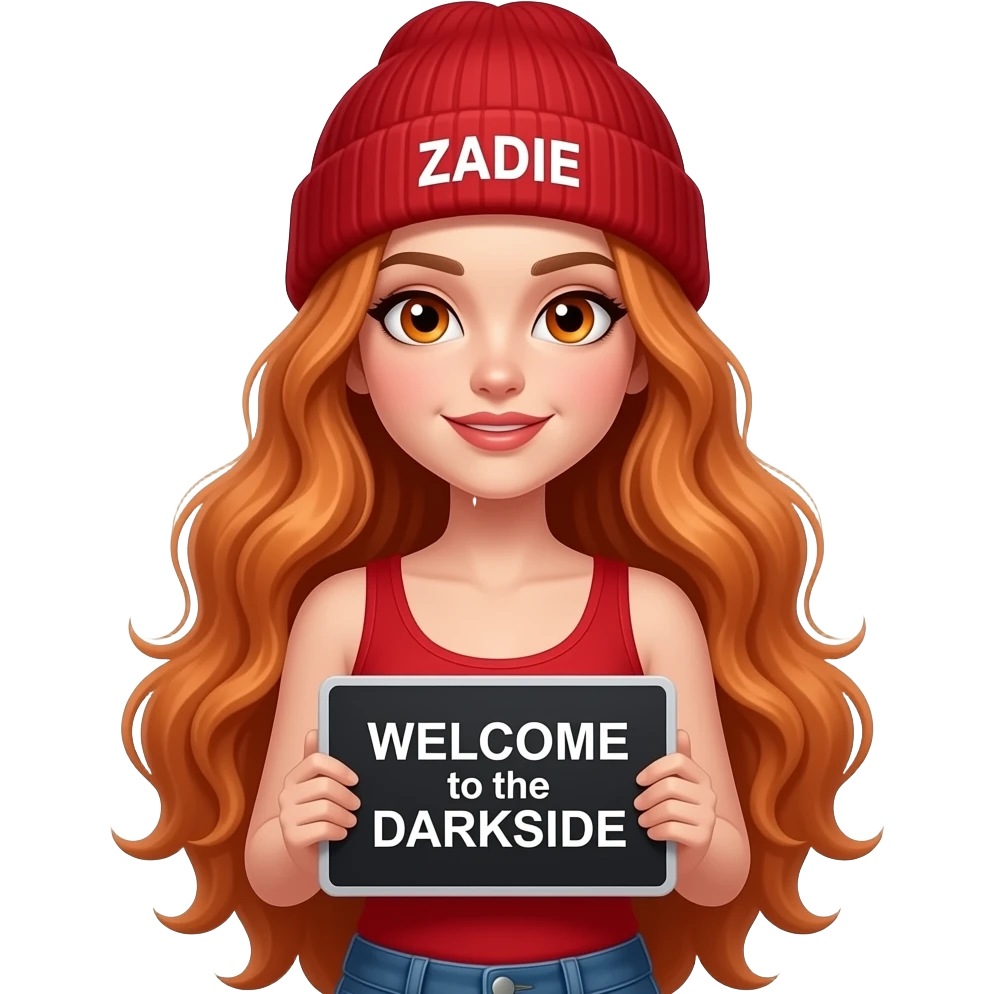 sexy girl with overlong wavy ginger hair and ginger eyes wearing a red tanktop and a red beanie with ZADIE written on it, is holding a black sign with WELCOME to the DARKSIDE written on it emoji