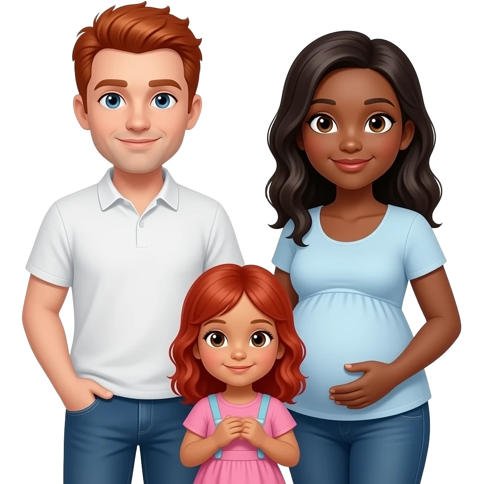 White man red hair pregnant black woman and biracial girl toddler with red hair family emoji