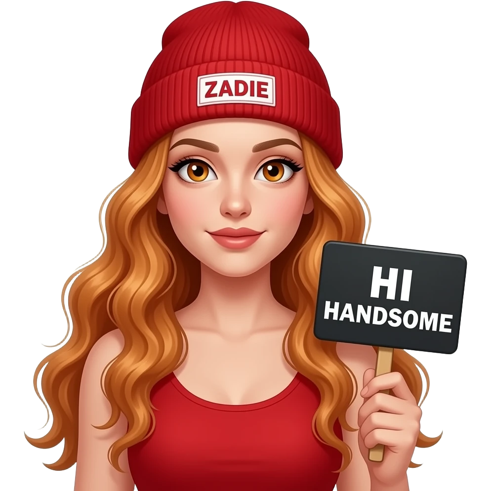 sexy girl with overlong wavy ginger hair and ginger eyes wearing a red tanktop and a red beanie with ZADIE written on it, is holding a black sign with HI HANDSOME written on it emoji