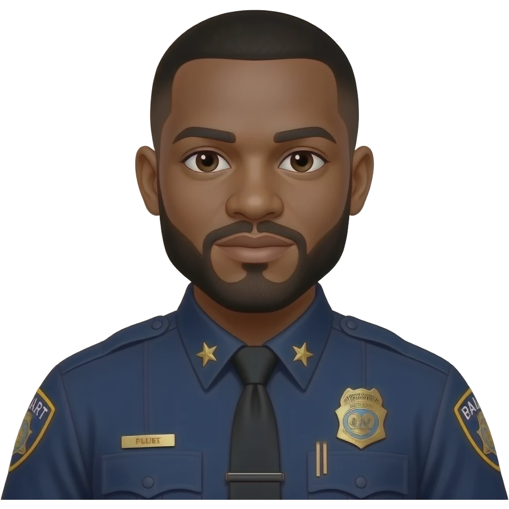 medium complexation black officer with beard and mustache and low tapper haircut and BART police uniform with gold star badge, no star on collar shirt emoji