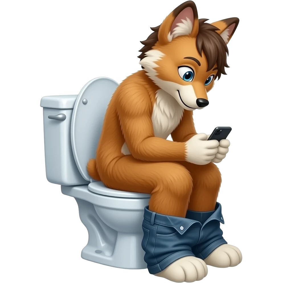 fursuit sitting on toilet, side view, pants down, looking down at phone emoji