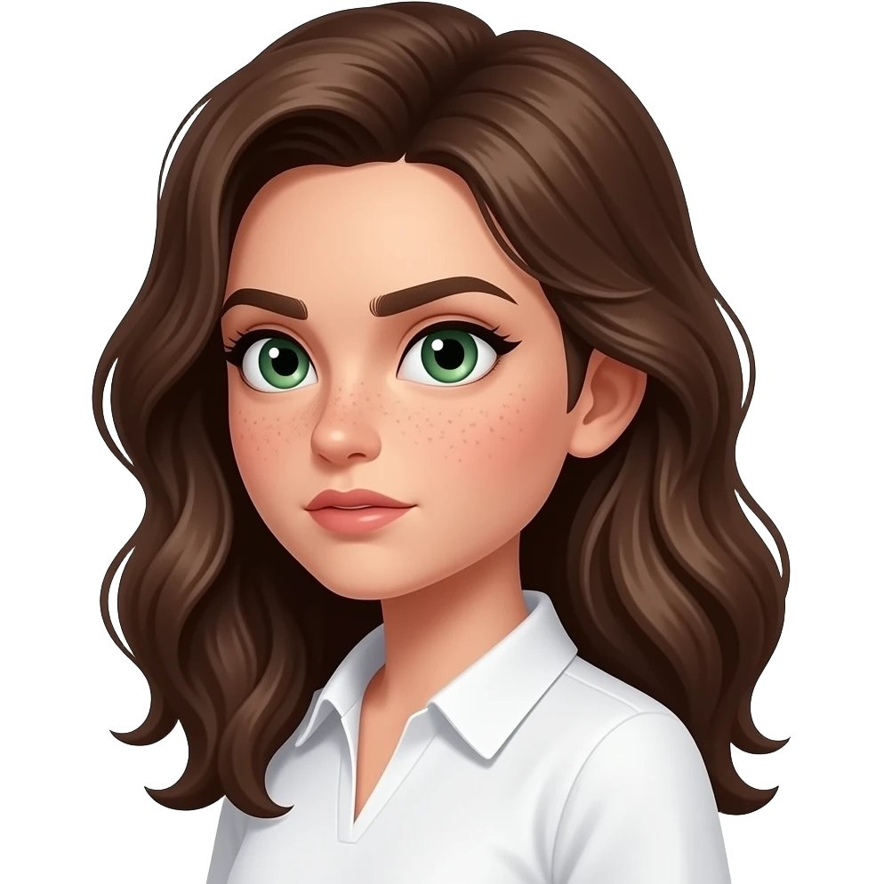 Brown wavy long hair green eyes cute face with freckles pretty girl in cute  white top with soft collar doing meme side view doing side eye with suspicious with visible strong face expression emoji