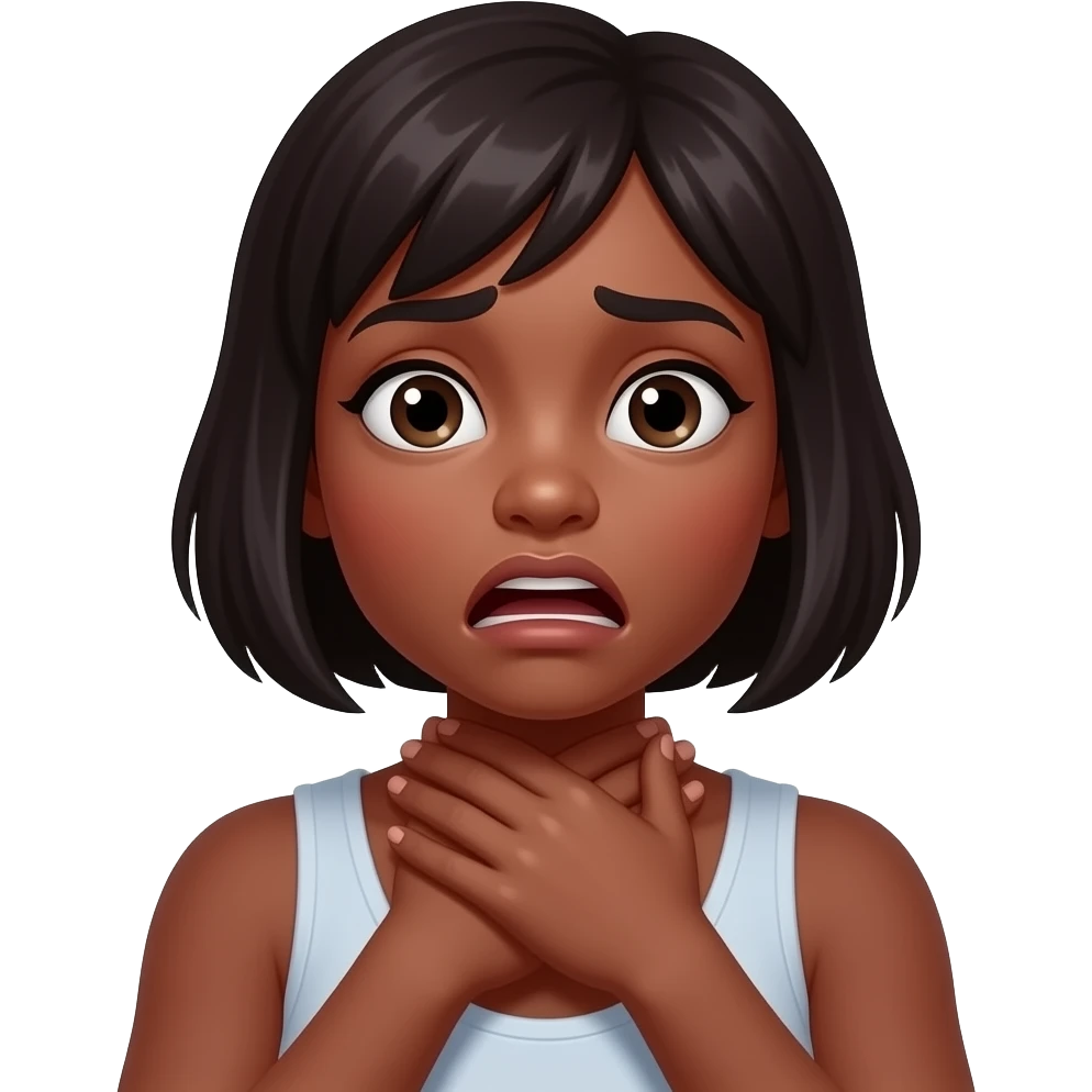 Black girl crashing out choking her self. Darker and she hadd short bob and hand around her neck she is in panic She is upset. Both hands choking her out emoji