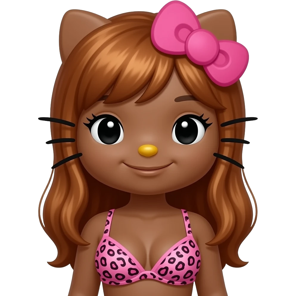 Big breast, Dark brown skin hello kitty girl, Black eyes, Doll shaped face, doll eyes, copper hair, with pink leopard print bra emoji