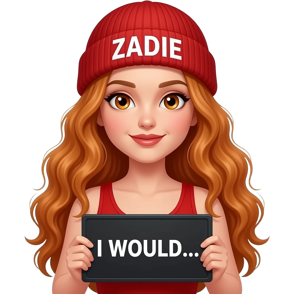 sexy girl with overlong wavy ginger hair and ginger eyes wearing a red tanktop and a red beanie with ZADIE written on it, is holding a black sign with I WOULD... written on it emoji