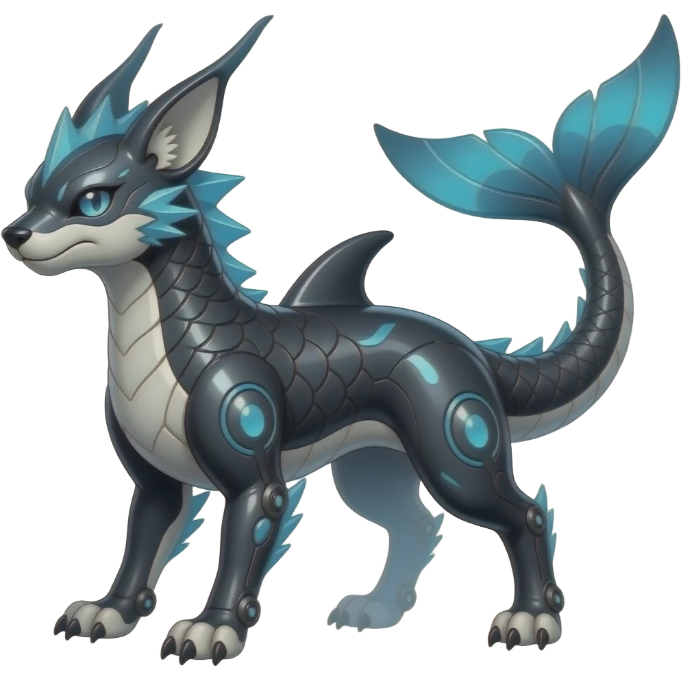 Tough realistic Quadrupedal digitigrade shiny glossy smooth finned frilled gothic tall slim unique epic legendary shiny edgy cool cyberpunk-solarpunk-fantasy-Sharpedo-Sceptile-Sprigatito-Flyogn-Vaporeon-Electrike-Fakémon-hybrid with an orca tail emoji