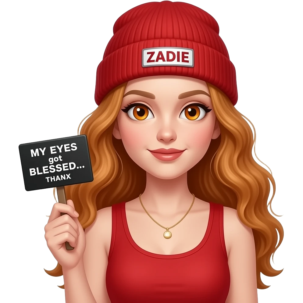 sexy girl with overlong wavy ginger hair and ginger eyes wearing a red tanktop and a red beanie with ZADIE written on it, is holding a black sign with MY EYES got BLESSED... THANX written on it emoji