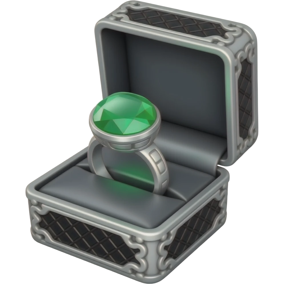 a woman's Emerald ring in a black box with silver ornate trim emoji