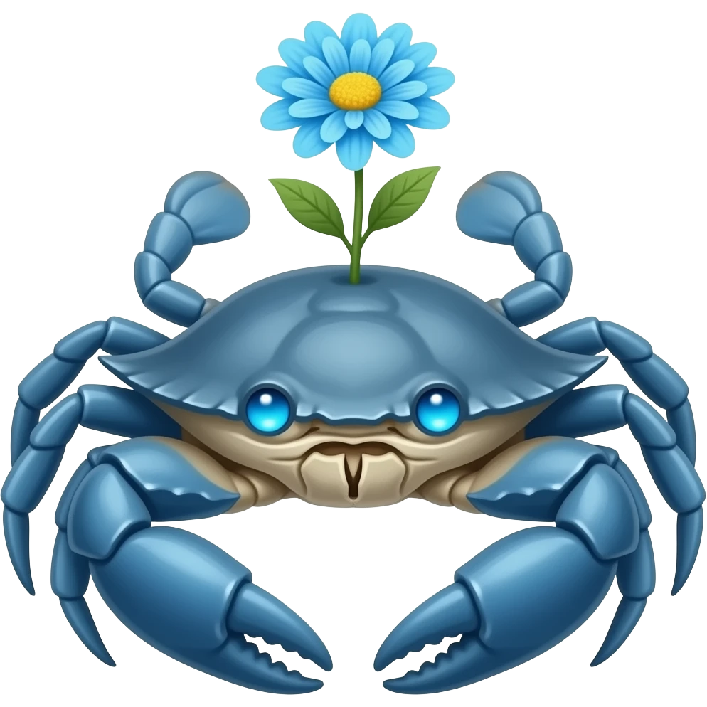 A blue crab with one blue flower a on its growing on its back with glowing blue eyes facing forward emoji