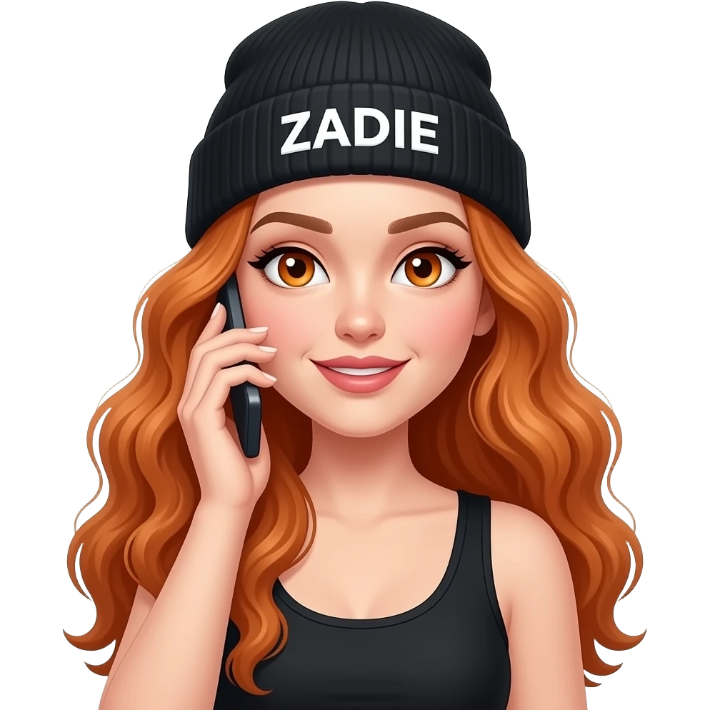 sexy girl with overlong wavy ginger hair and ginger eyes wearing a black tanktop and a black beanie with ZADIE written on it, is making a phone call emoji