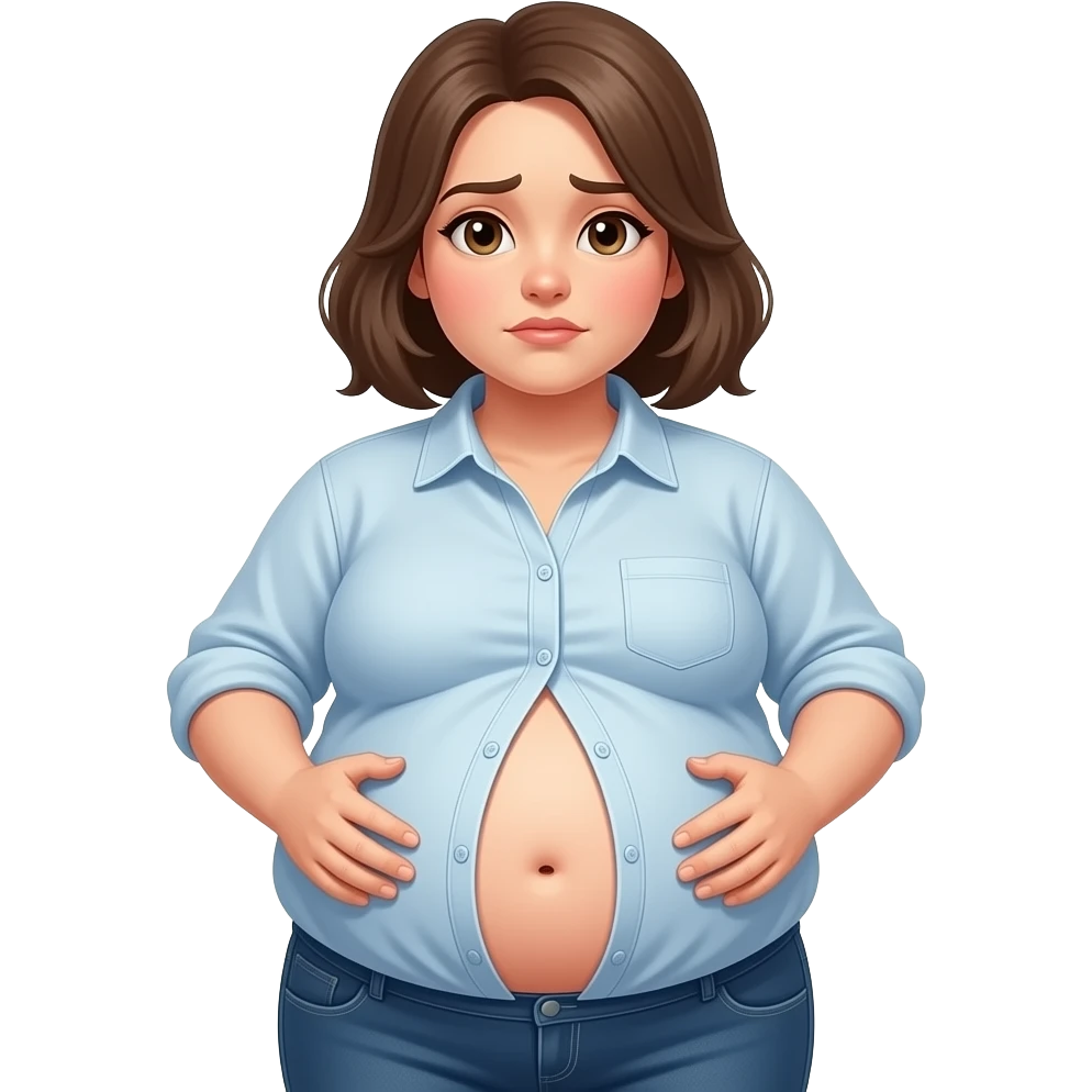 a girl with a huge stomach that is full to bursting,so bloated that she gets a tummyache,her bellybutton is poking out and her shrunk tight shirt buttonholes are at breaking point. emoji