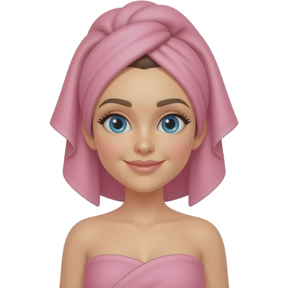 Clean girl influencer character, chest-up portrait, wearing a pink towel wrapped around the head emoji
