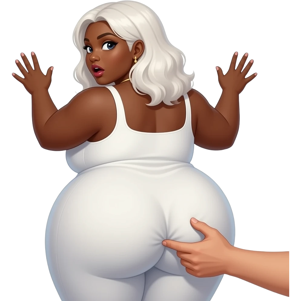 African Anime extremely fat big booty a white hair female creature cosplaying Egyptian girl showing back her buttocks with putting her hands behind the wall with her white dress with somebody's  hand squeezing her buttocks with a surprised look emoji