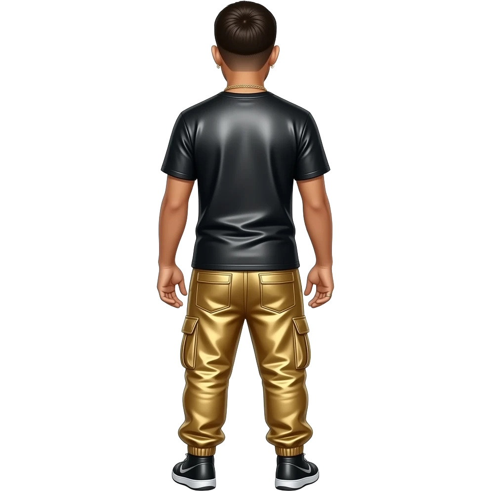 Drake from behind with black metallic t-shirt, gold metallic harem pants, necklace and earrings emoji