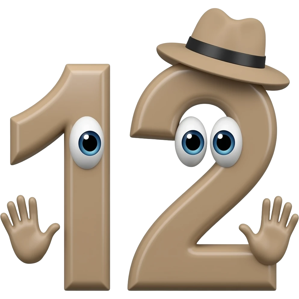 A tan colored number 12 wearing a hat and has floating hands with two eyes in the wrong direction emoji