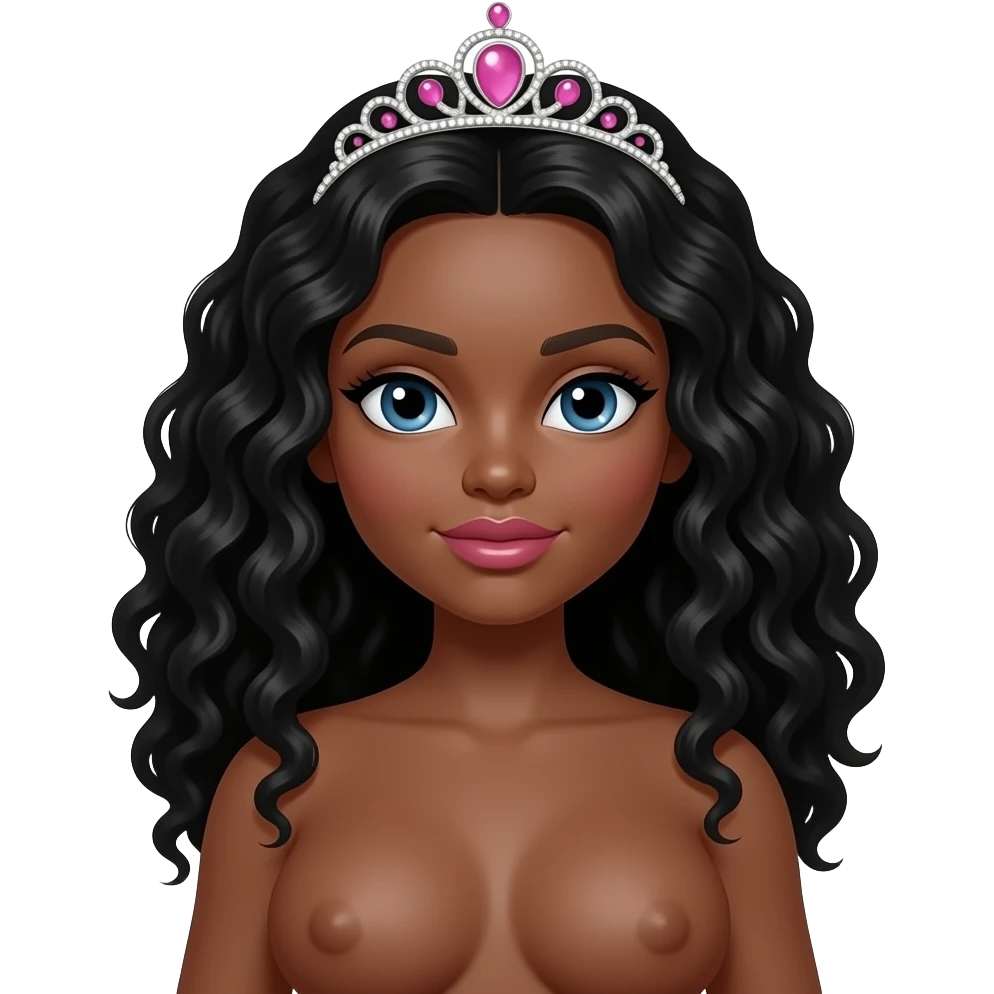 big lips, pink tiara, doll eyes, Doll, big chest, dark brown skin, with middle part curly long black hair, black cute eyes, with cute lip, without no bra emoji